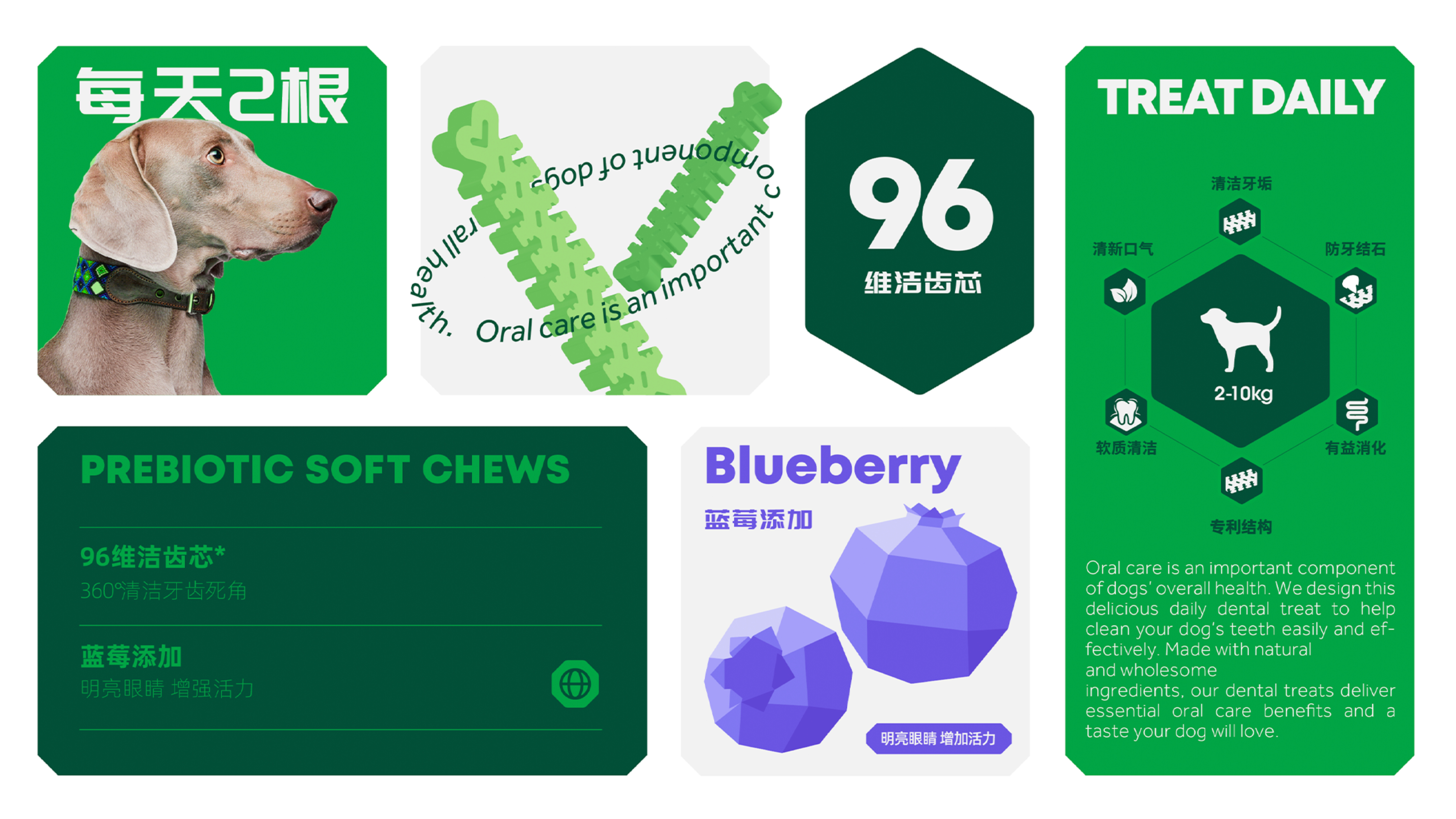 Cature dental treats detail: dog, prebiotic chews and blueberry ingredient