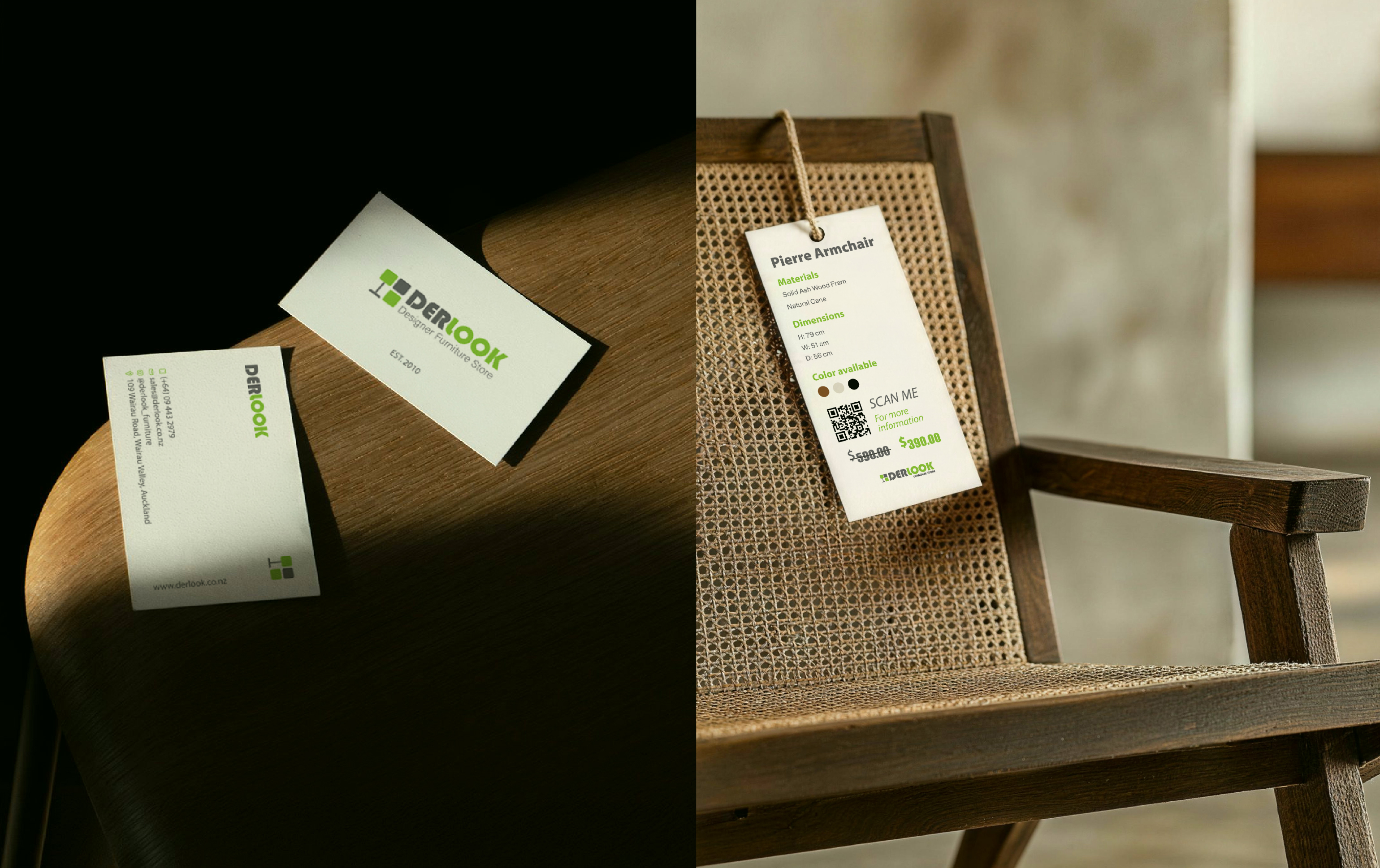 DERLOOK business cards on a wood chair and a Pierre Armchair product hang tag