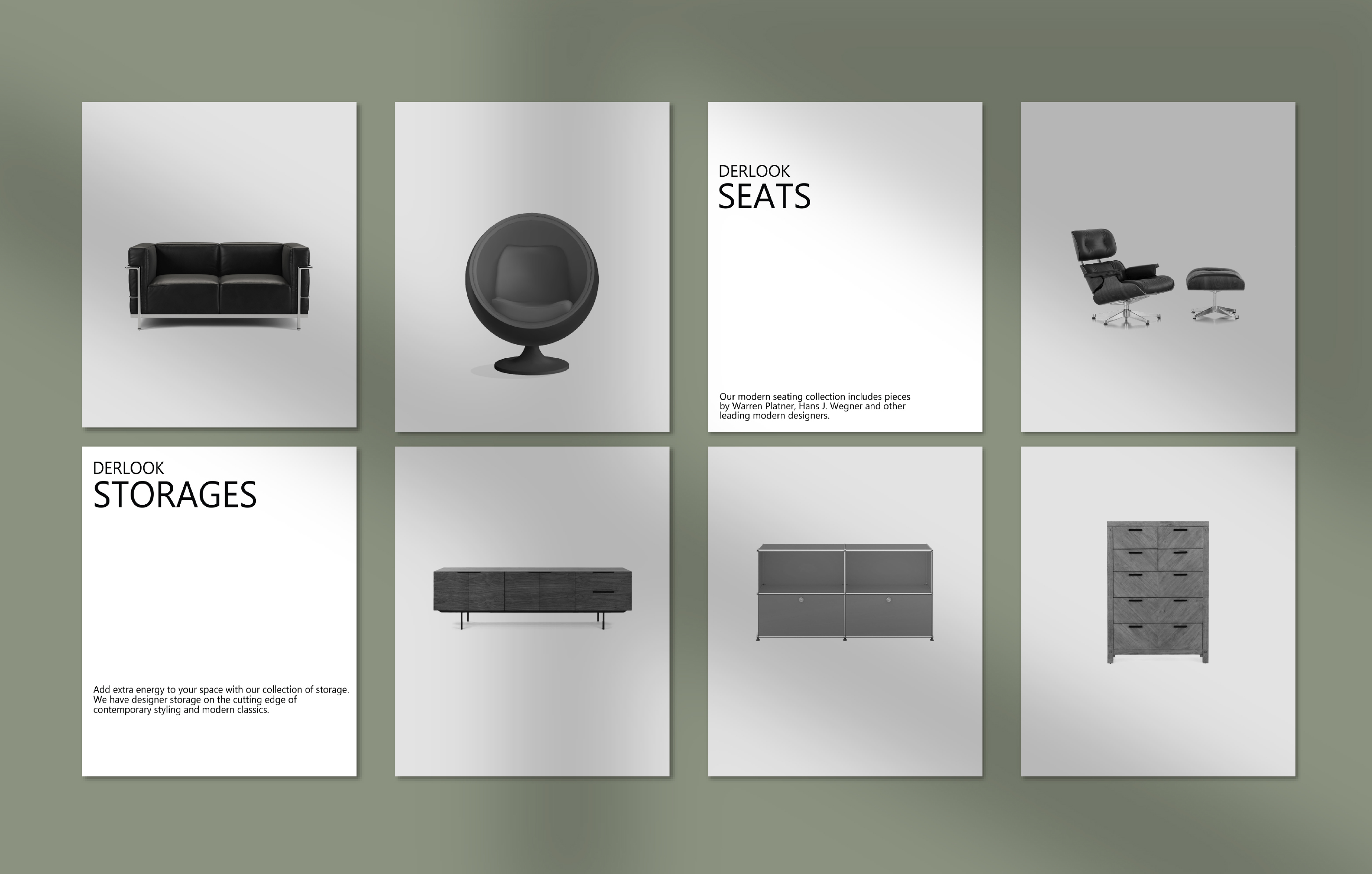 DERLOOK product catalog grid of seating and storage
