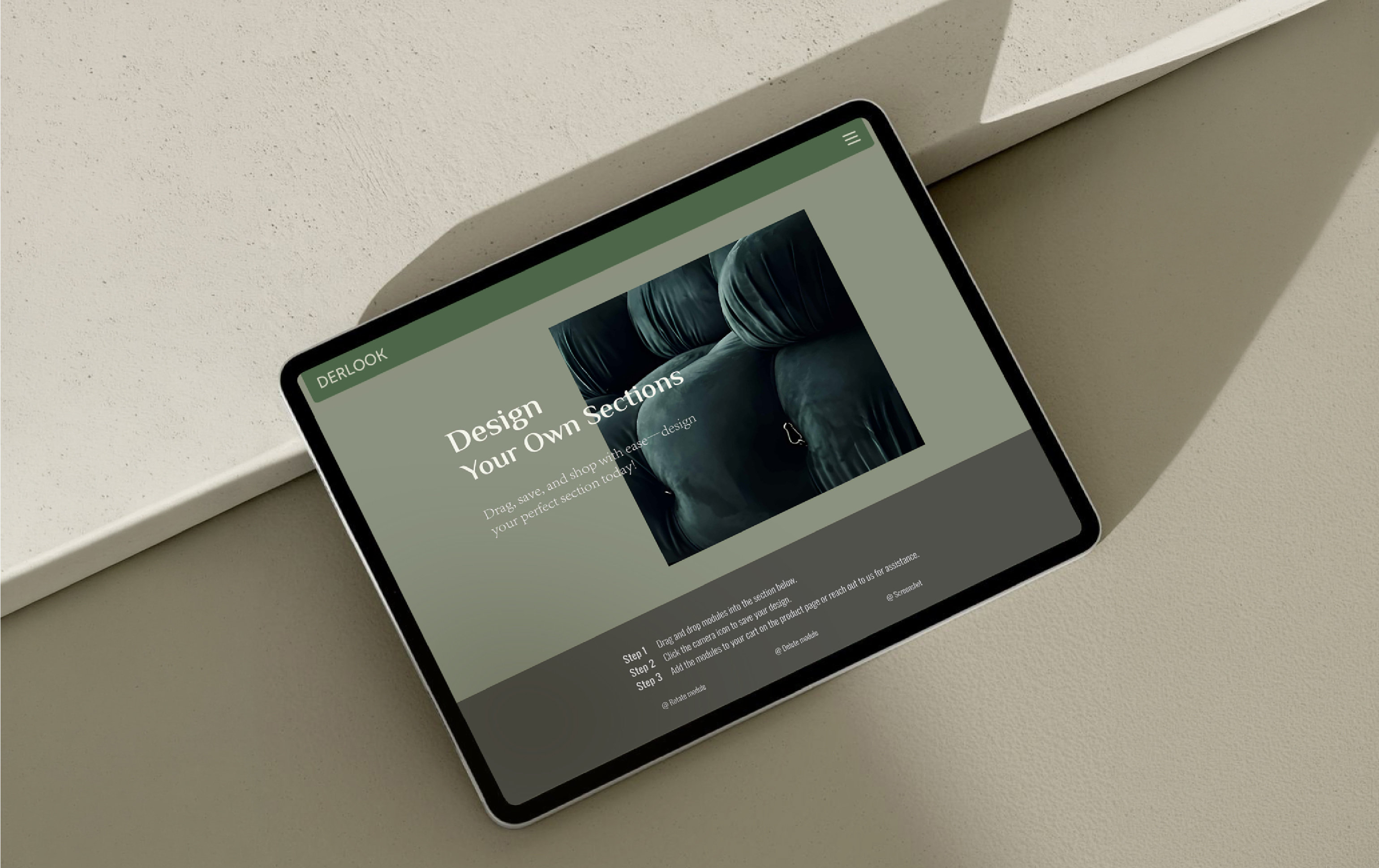 DERLOOK website section configurator on a tablet