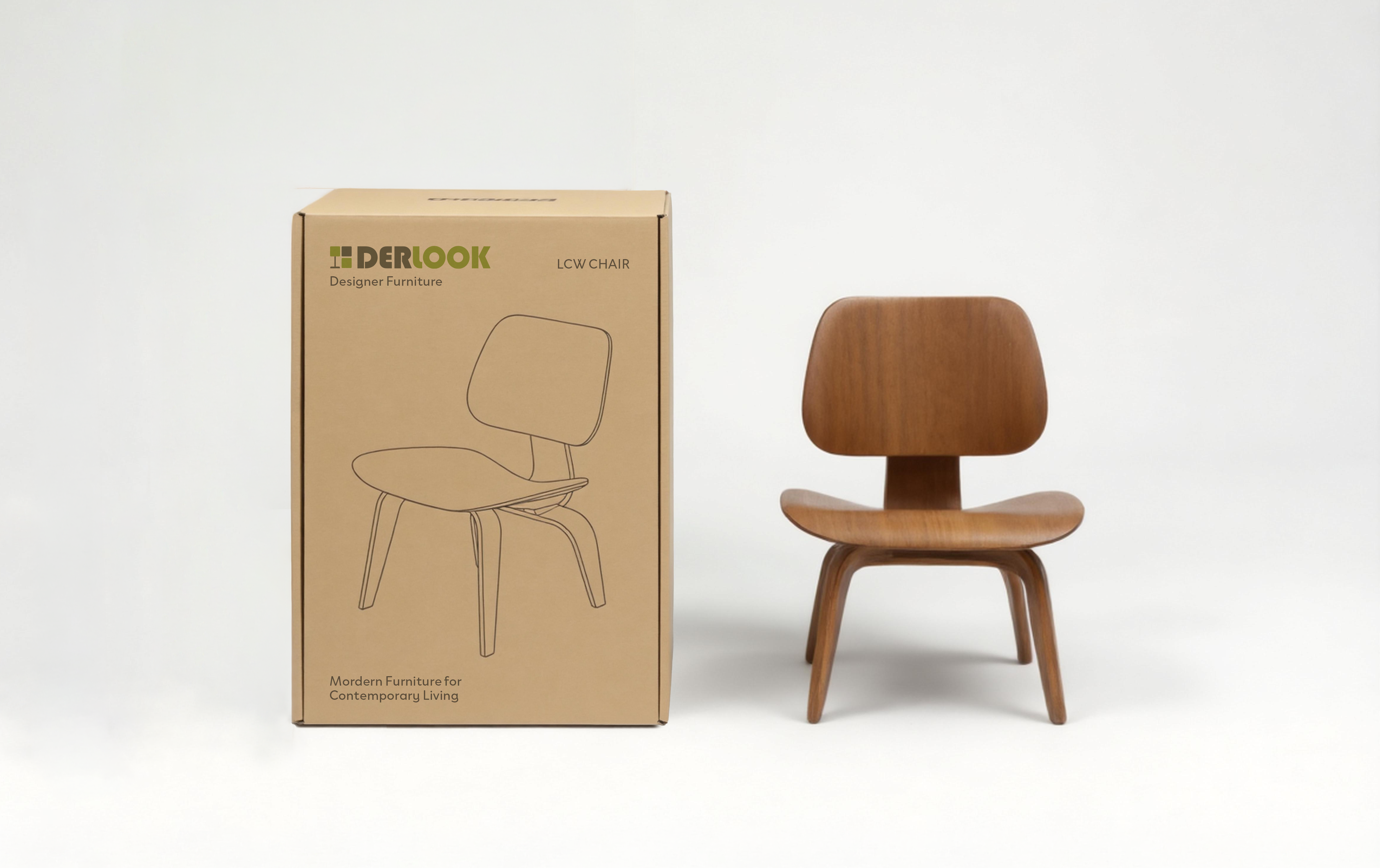 DERLOOK chair packaging box next to the LCW chair