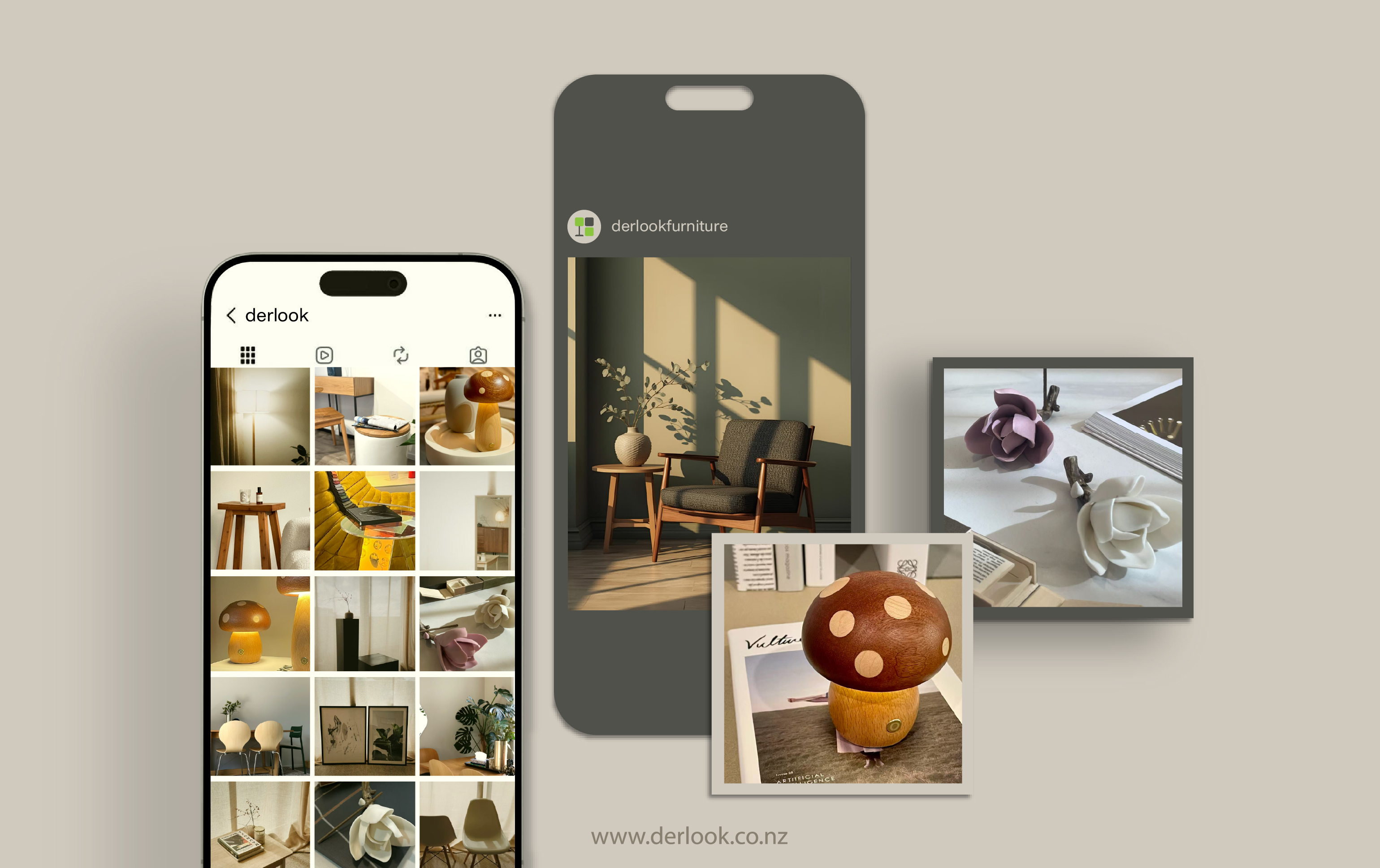 DERLOOK Instagram feed and post mockups on a phone
