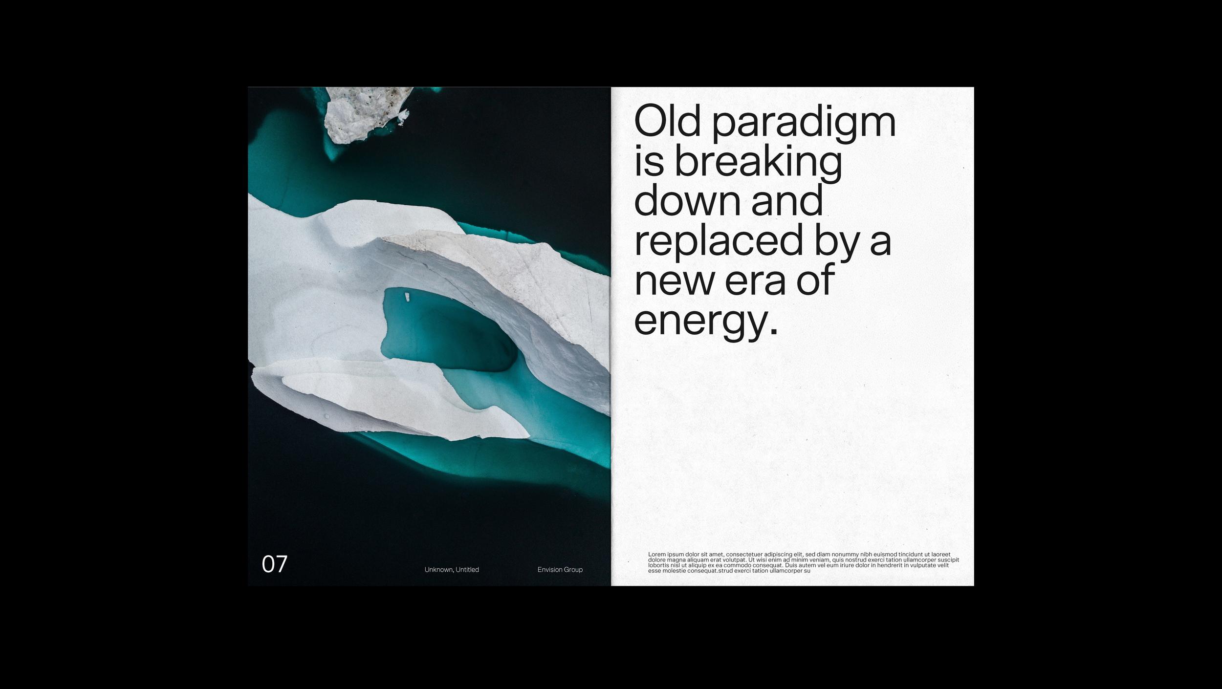 Envision Booklet spread: Old paradigm is breaking down, with an iceberg photo
