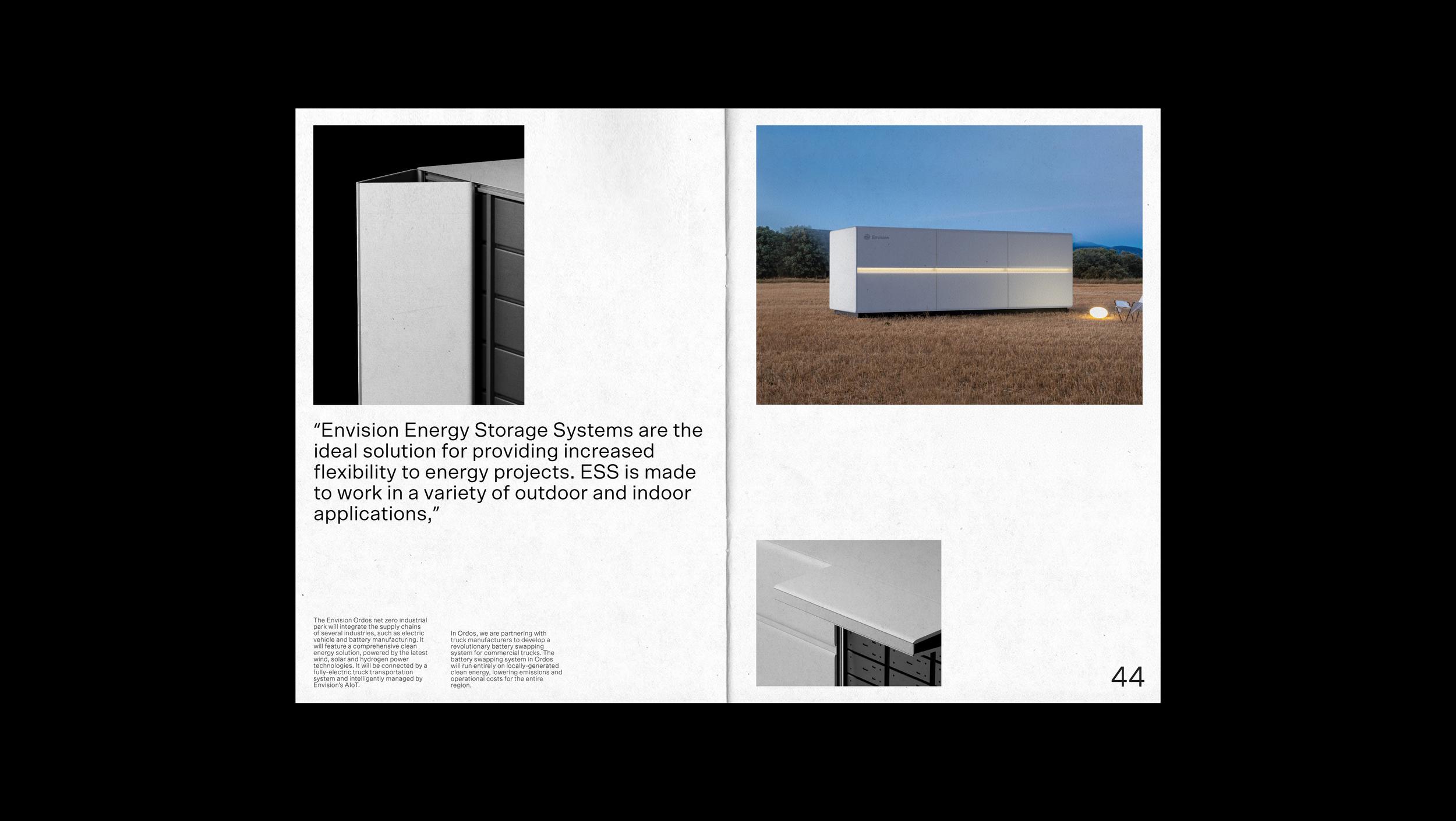 Envision Booklet spread with a green mountain landscape and ESS unit