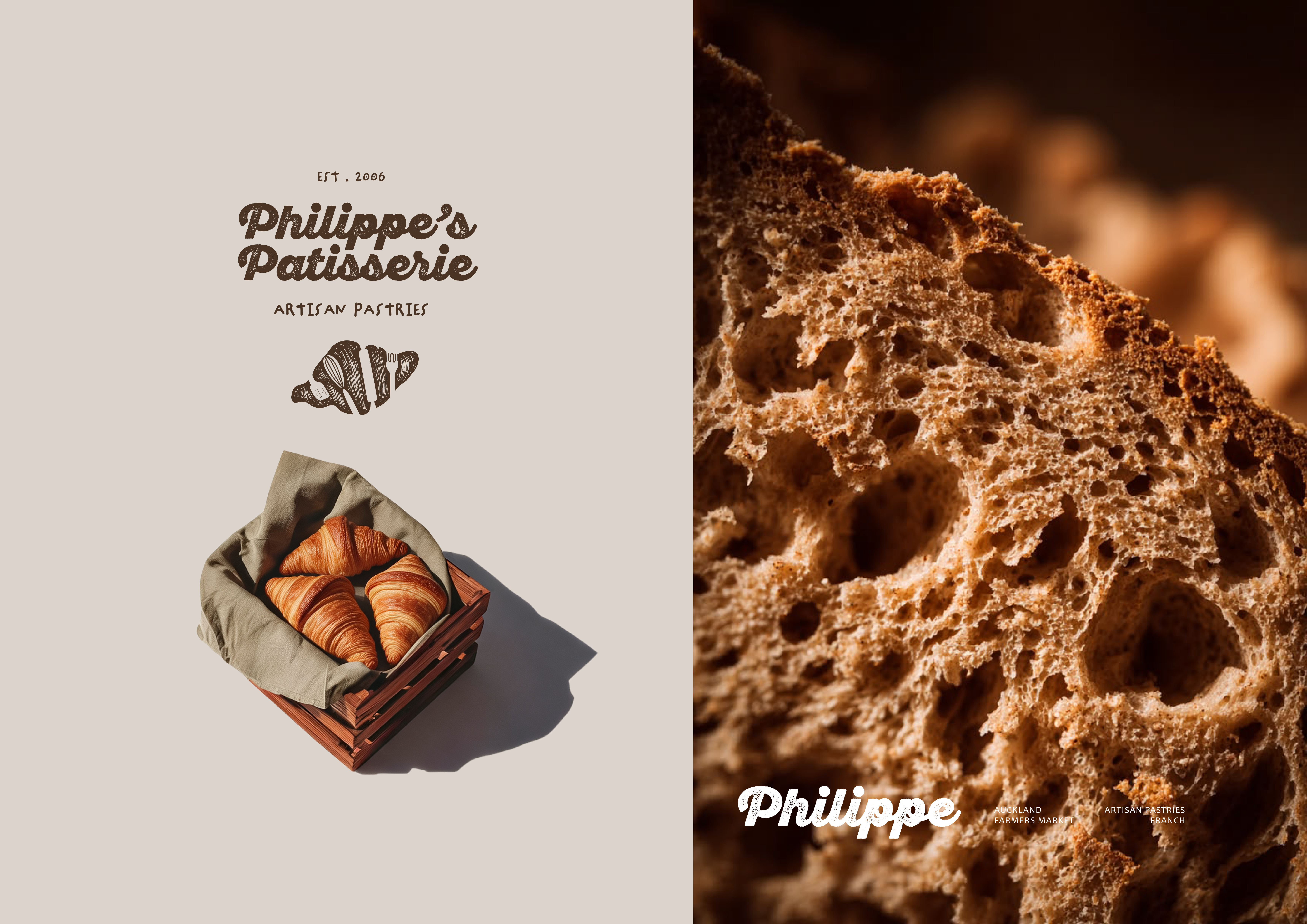 Philippe's Patisserie brand board with logo, croissant basket and bread macro