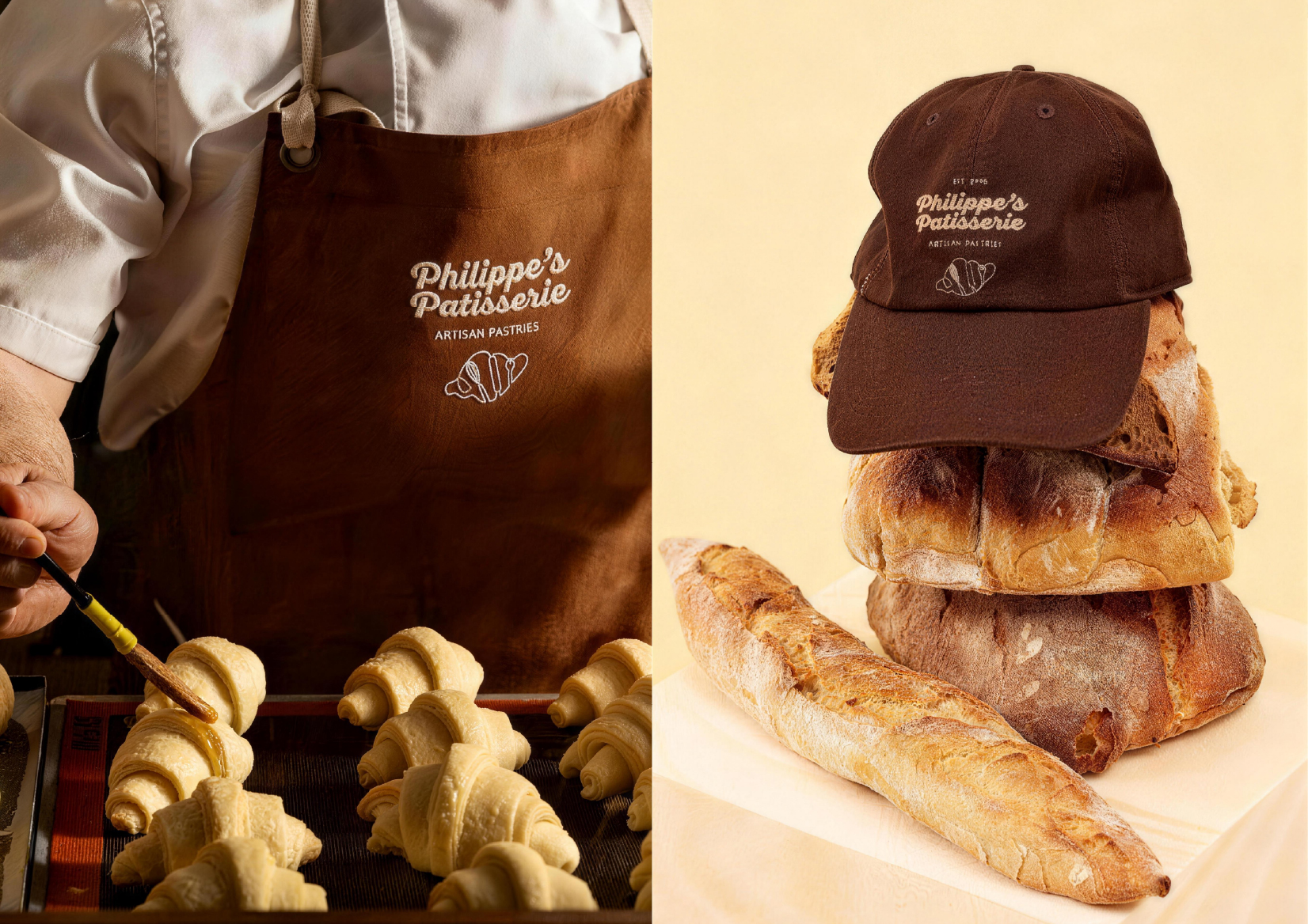 Philippe's Patisserie embroidered apron in the kitchen and cap on a bread stack