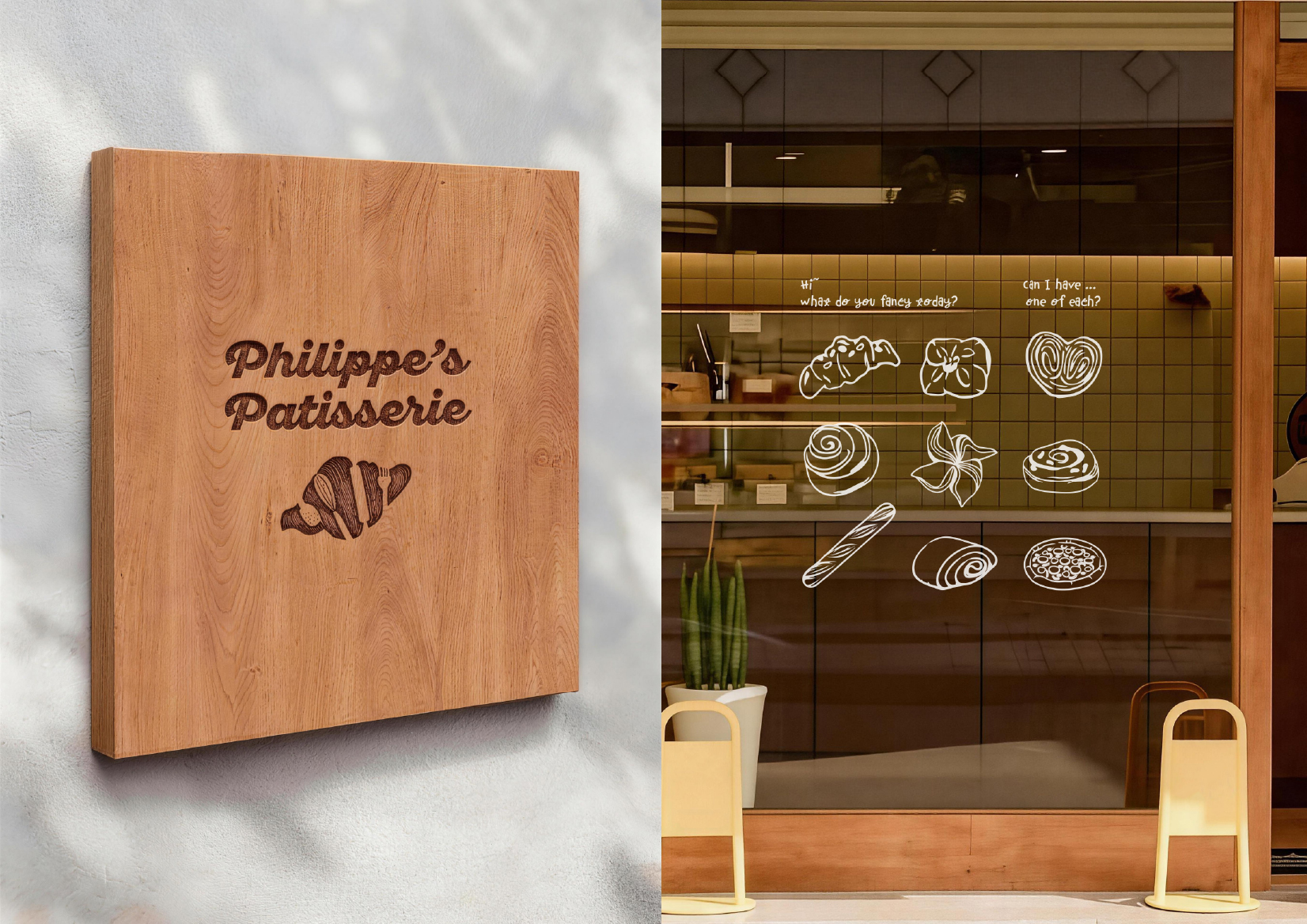 Philippe's Patisserie engraved wood sign and storefront window illustrations