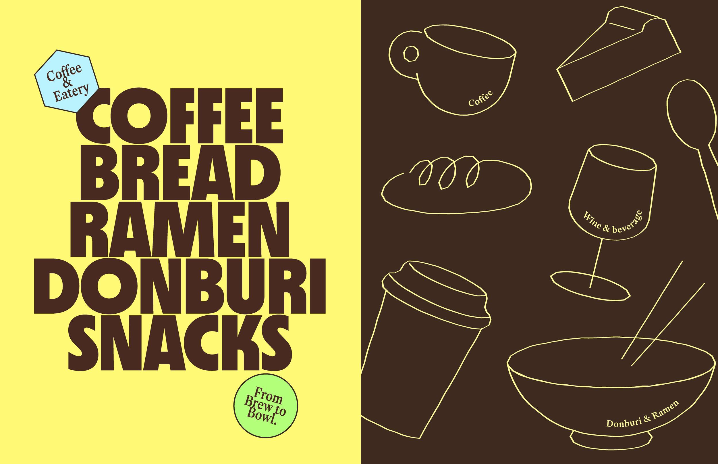 Yuzu Cafe menu categories: Coffee, Bread, Ramen, Donburi, Snacks with line icons