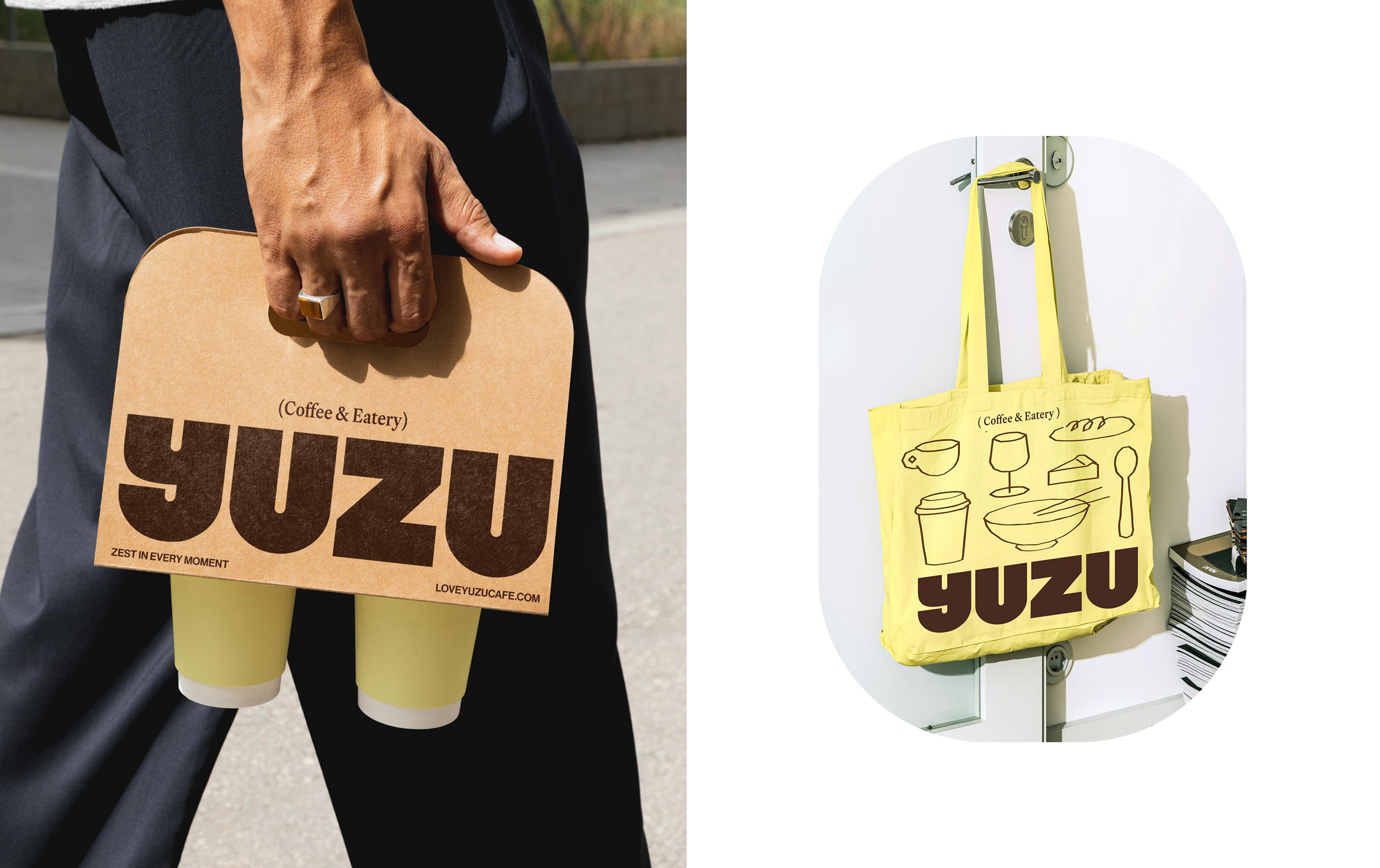 Yuzu Cafe tote bag and drink carrier tray
