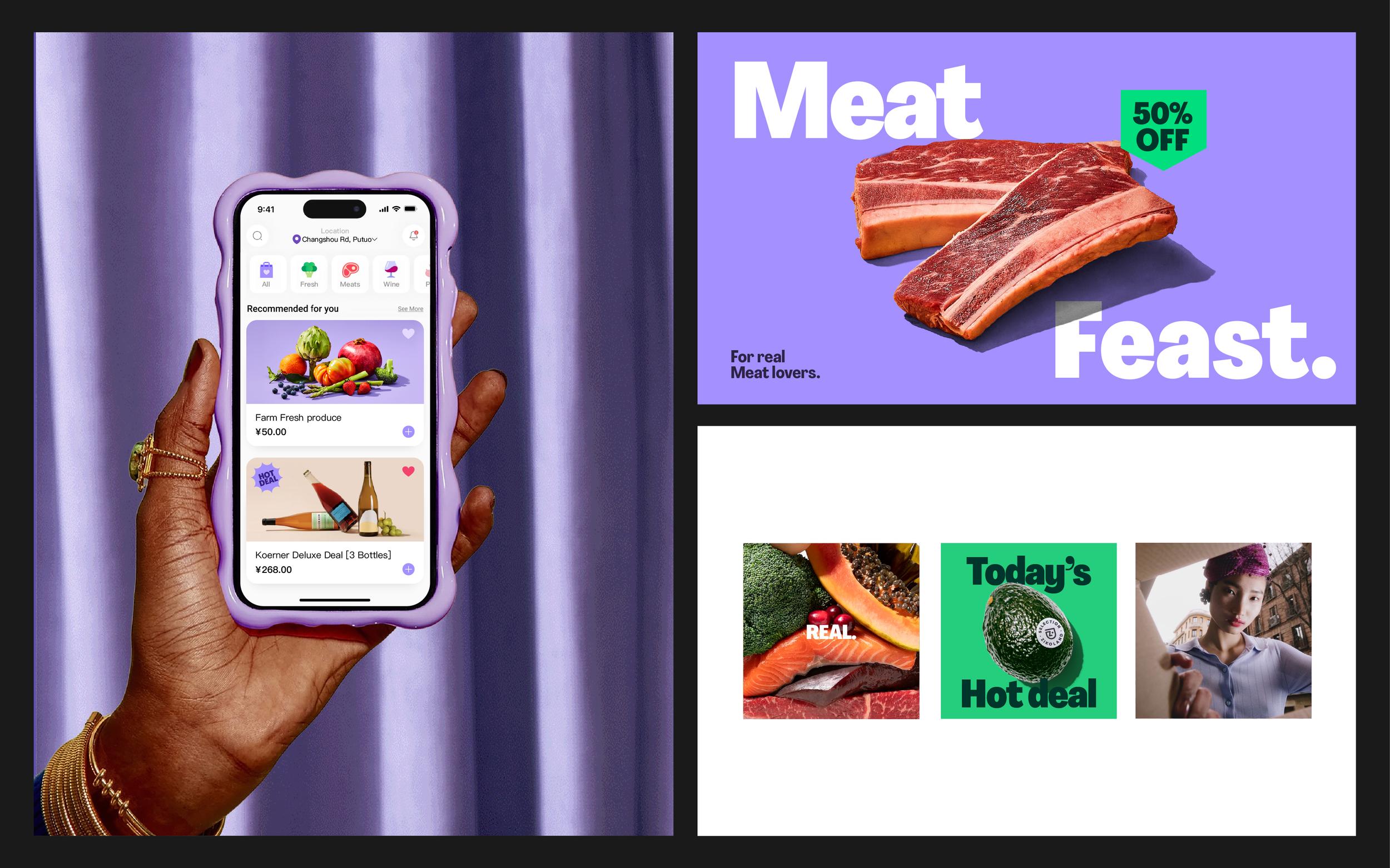 ZIKOLAND app screen on a phone and a Meat Feast advertisement