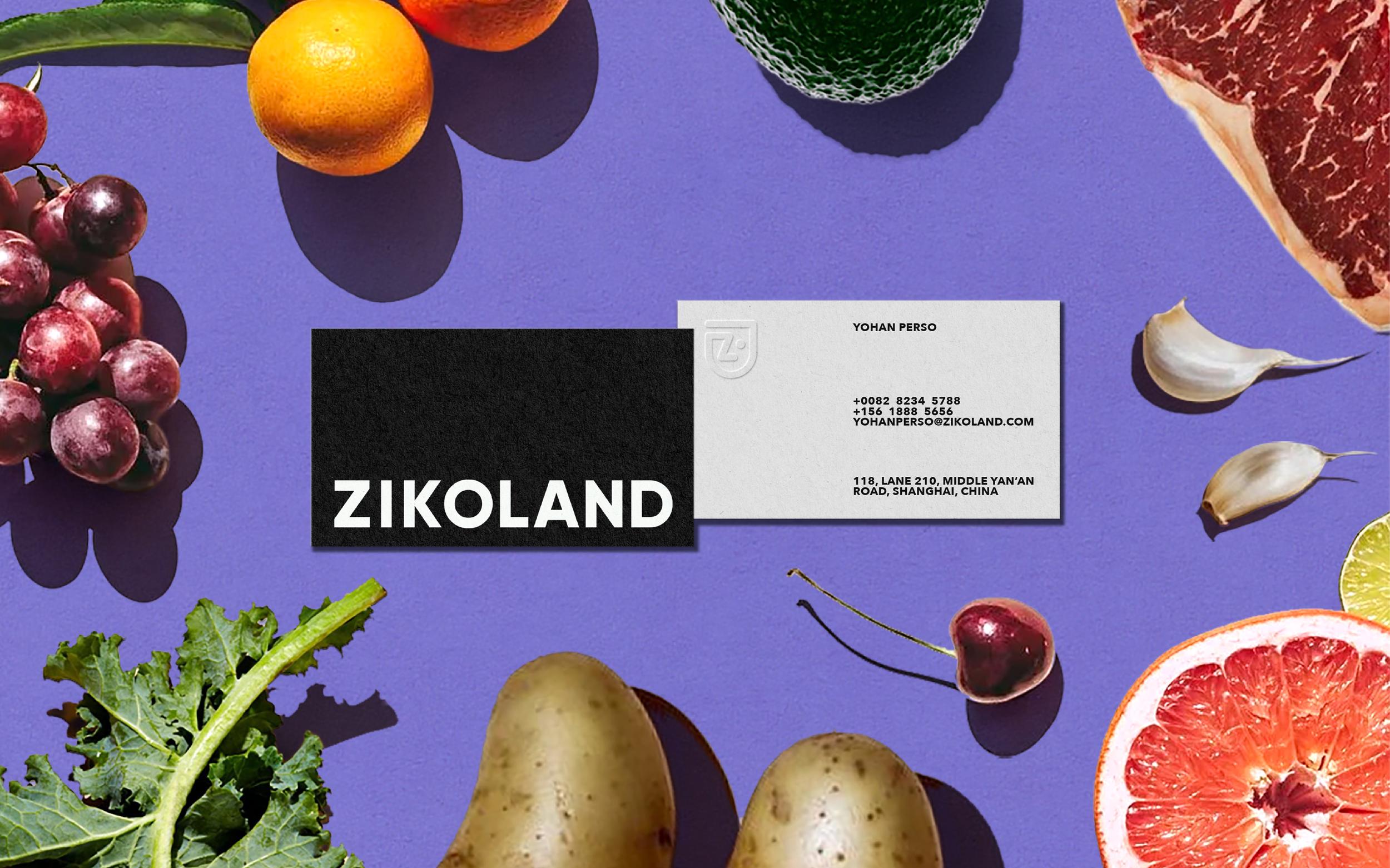 ZIKOLAND business card on a purple background with produce