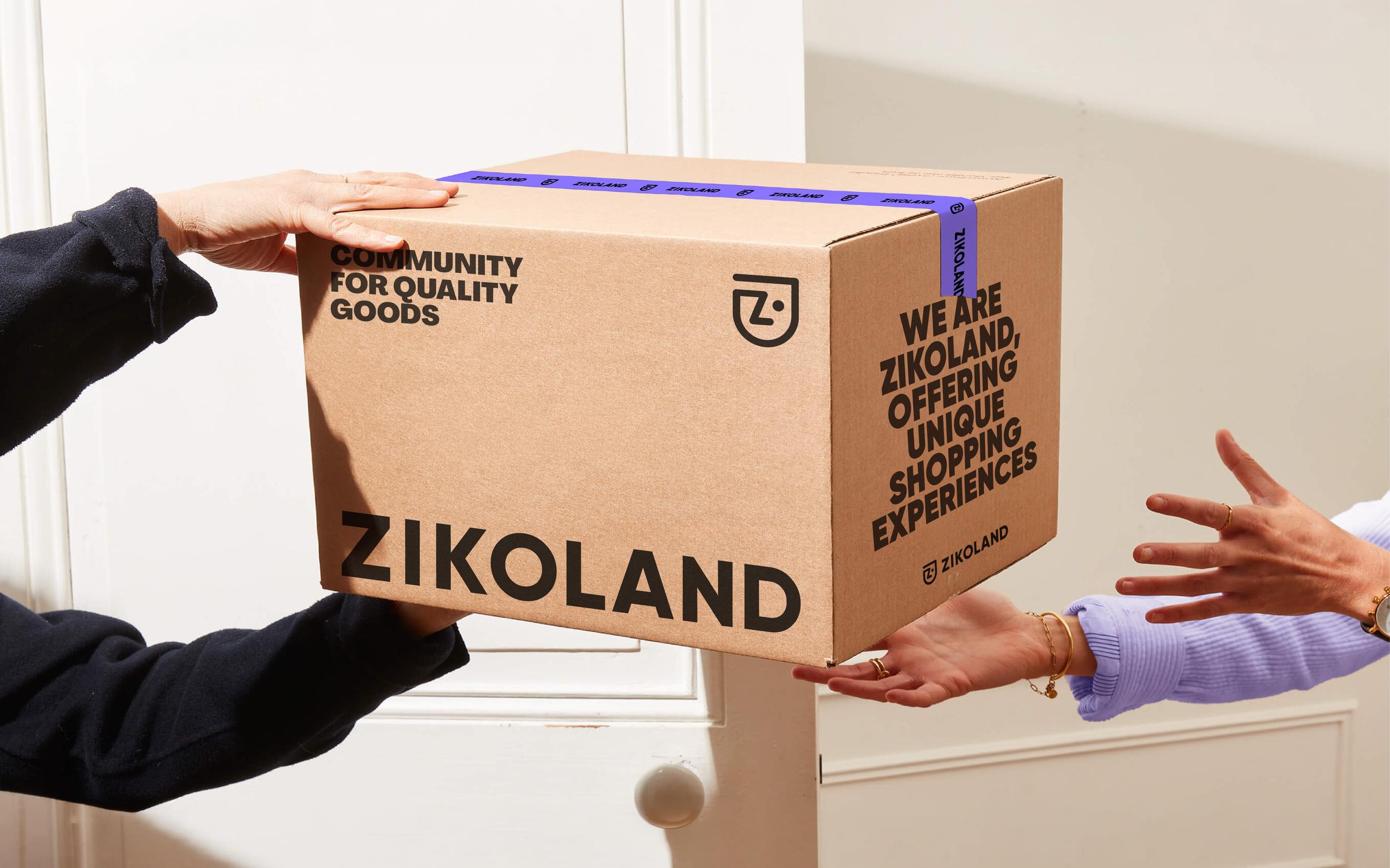 Hands passing a ZIKOLAND delivery box