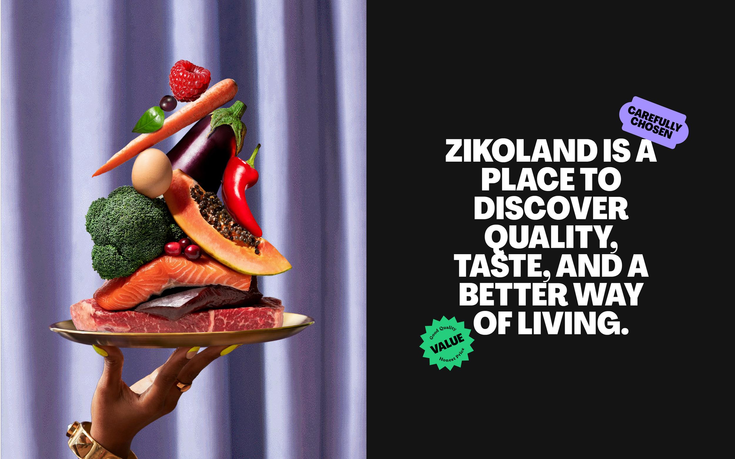Styled food tray photo with ZIKOLAND tagline