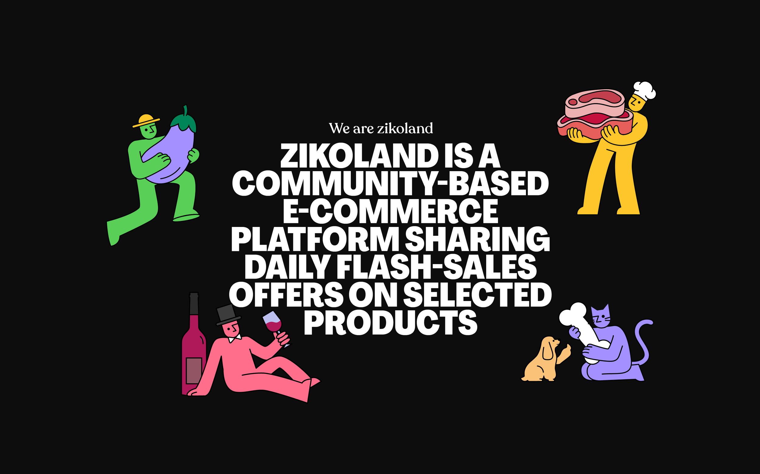 Illustrated poster describing ZIKOLAND as a community-based eCommerce platform