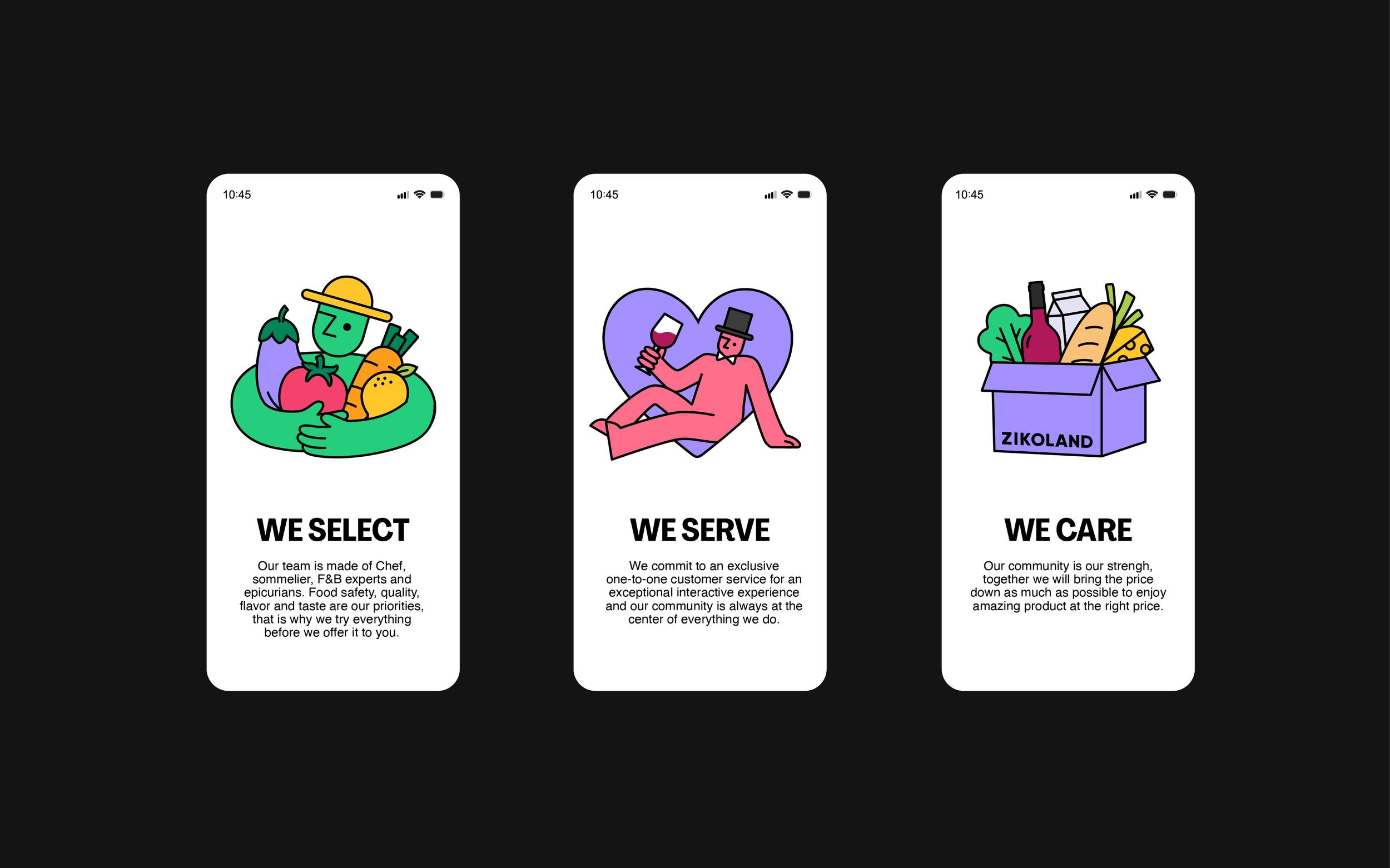 ZIKOLAND app onboarding screens: We Select, We Serve, We Care