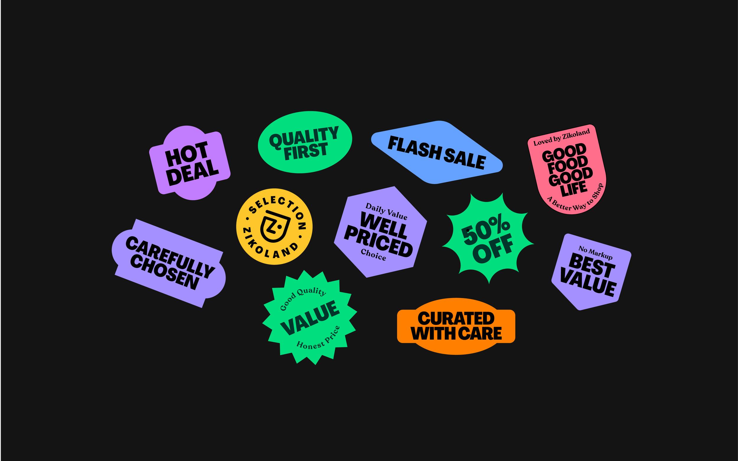 ZIKOLAND colorful sticker badges: Hot Deal, Quality First, Flash Sale