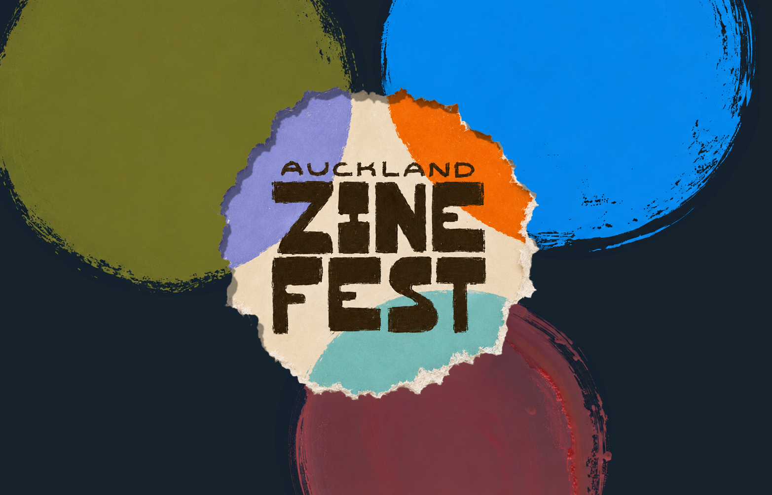 Auckland Zinefest brand mark with colorful painted shapes