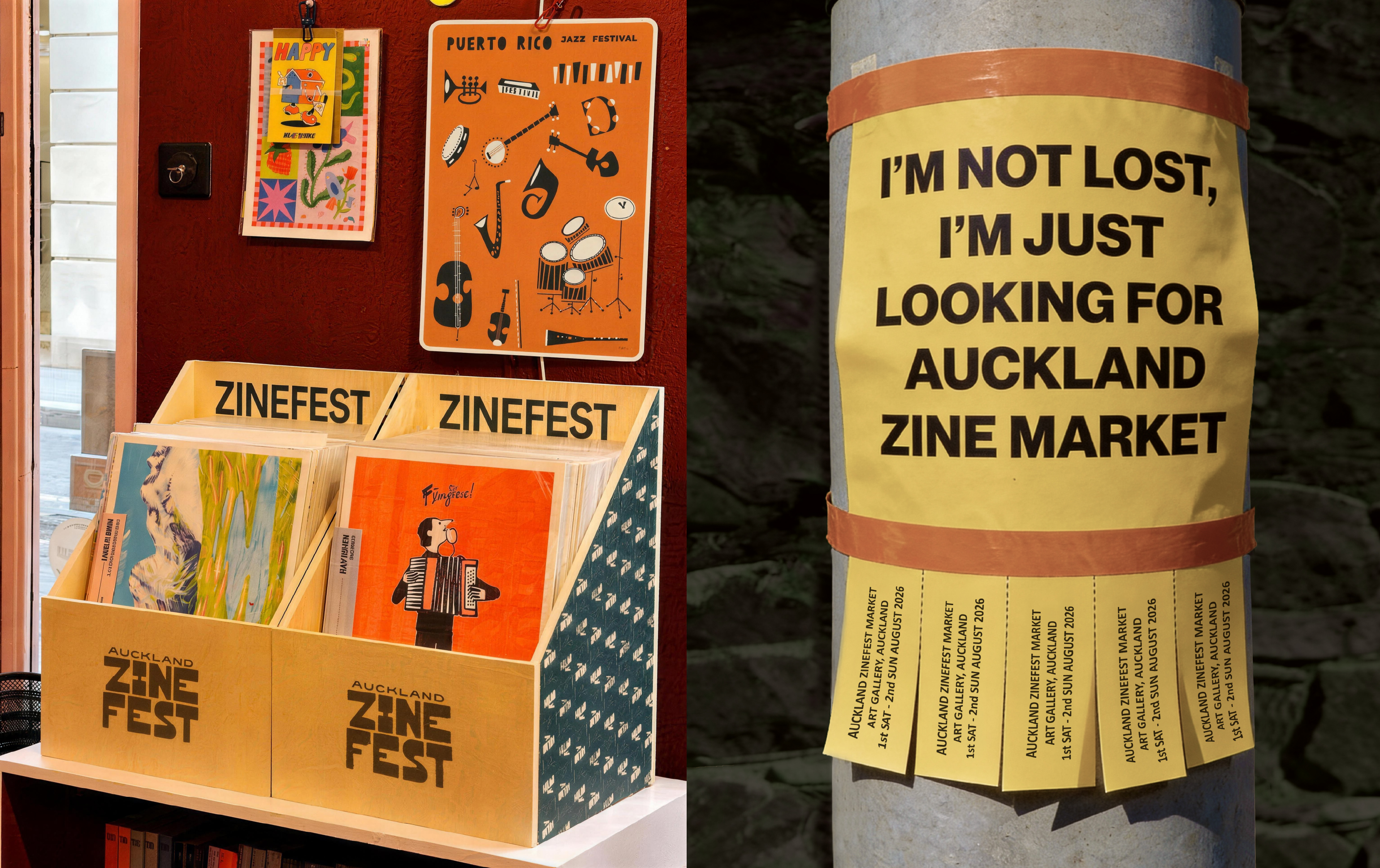 Zinefest shelf display in a bookstore and a lamp post flyer